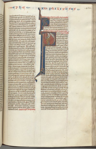 Fol. 452r, Philipper, historisierte Initiale P, Paulus mit einem Schwert und einer Schriftrolle, spricht zu t von Unbekannt