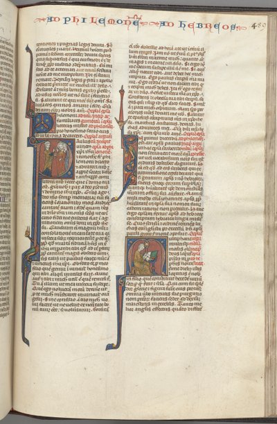 Fol. 459r, Philemon, historiierte Initiale P, Paulus spricht zu drei Männern und Hebräern..., ca. 1275-1300 von Unbekannt