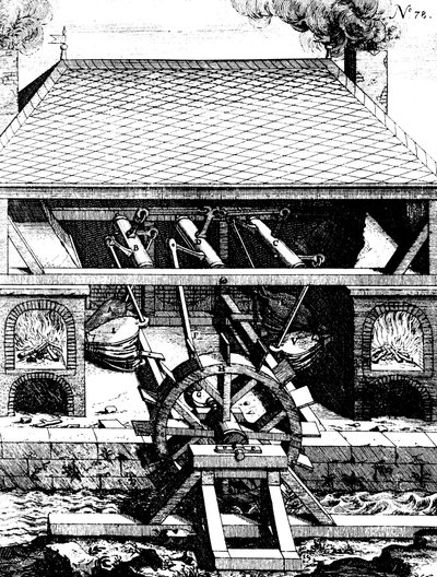 Schmiede mit Blasebalg, angetrieben durch ein unterschlächtiges Wasserrad, 1673 von Unbekannt