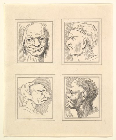 Vier Köpfe aus Characaturas von Leonardo da Vinci, nach Zeichnungen von Wincelslaus Hollar, 1786 von Unbekannt