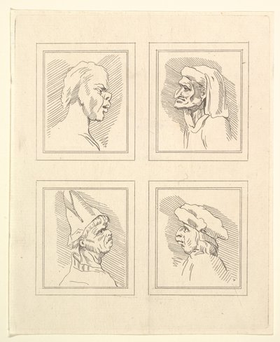 Vier Köpfe aus Karikaturen von Leonardo da Vinci, nach Zeichnungen von Wincelslaus Hollar von Unbekannt