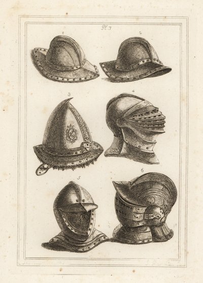 Französischer Eisenkesselhelm 1,2, gravierte Stahlkappe aus dem 16. Jahrhundert 3, großer heller Helm 4, offener Helm 5, verzierter Helm mit Visier 6 von Unbekannt