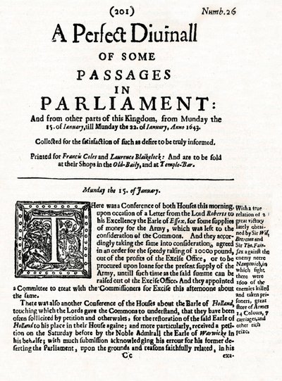Titelseite von A Perfect Diurnall of Some Passages in Parliament, 1643, 1905 von Unbekannt
