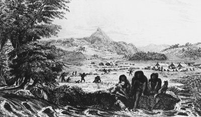 Feuerländer in Woollya, mit dem Lager der Fitzroy-Expedition im Hintergrund, 1831-1839 von Unbekannt