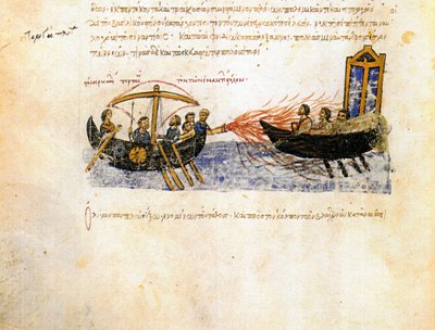 Griechisches Feuer. Miniatur aus dem Madrid Skylitzes, 11.-12. Jahrhundert von Unbekannt