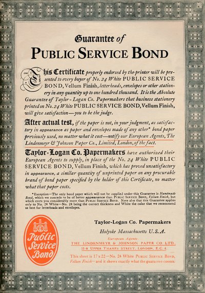 Garantie der öffentlichen Dienstleistungsanleihe - Taylor-Logan Co. Papermakers Werbung, 1919 von Unbekannt