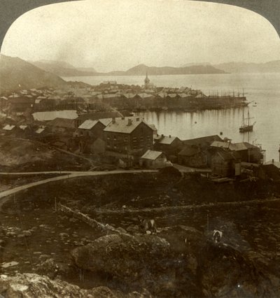 Hammerfest. Die nördlichste Stadt der Welt - kein Sonnenuntergang vom 13. Mai bis 29. Juli, Norwegen, ca. 1905 von Unbekannt