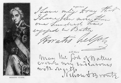 Handschrift und Unterschriften von Lord Nelson vor und nach dem Verlust seines rechten Arms, einschließlich seines letzten Briefes vor der Schlacht von Trafalgar, geschrieben von der HMS 