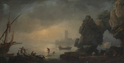 Hafenszene mit einer Grotte und Fischern, die Netze einholen von Unbekannt