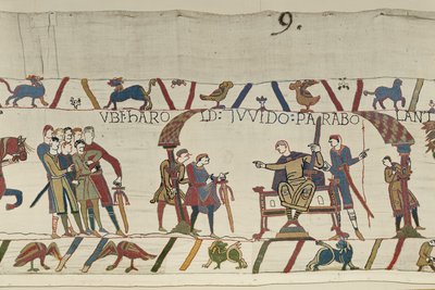 Harold und Graf Guy von Ponthieu sprechen zusammen in Beaurain, Teppich von Bayeux (Wollstickerei auf Leinen) von Unbekannt