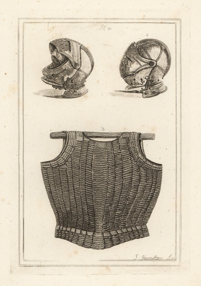 Helm, gefunden auf dem Schlachtfeld von Bosworth, und flexibler Kürass aus Metalllamellen auf Leder, der angeblich König Heinrich VIII. gehörte von Unbekannt
