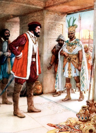 Hernan Cortes trifft den Aztekenkaiser Montezuma, 1519 von Unbekannt