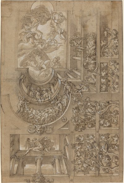 Illusionistische Decke mit einem Weinlaubengang, Figuren auf Galerien und einem zentralen... von Unbekannt