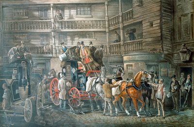 Gasthofhof mit Postkutsche, die sich zur Abfahrt vorbereitet, ca. 1840 von Unbekannt