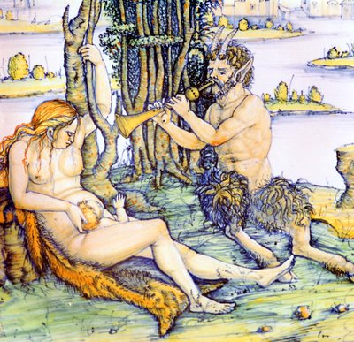 Italienischer Tonteller, der die Satyrfamilie nach Dürer zeigt von Unbekannt