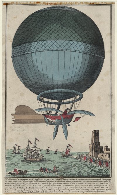 Jean Pierre Blanchard und John Jefferies kommen nach der Überquerung des Ärmelkanals in einem Heißluftballon in Calais an, 1785 von Unbekannt