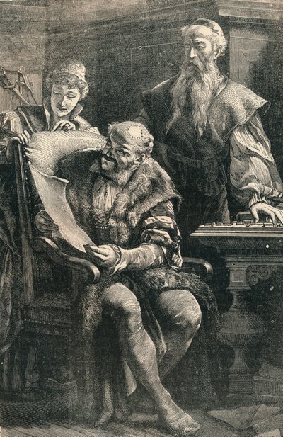 Johannes Gutenberg zeigt Faust einen Teil des ersten gedruckten Buches von Unbekannt
