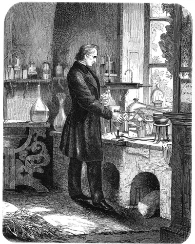 Justus von Liebig, deutscher Chemiker, bei der Arbeit in seinem Labor, Mitte des 19. Jahrhunderts, um 1885 von Unbekannt