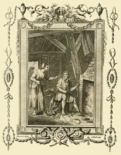König Alfred in Verkleidung wird von der Frau des Viehhirten getadelt, weil er die Kuchen hat anbrennen lassen, um 878, 1783 von Unbekannt
