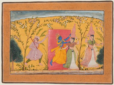 Krishna fordert eine Maut von den Milchmädchen, aus einem Bhagavata Purana, ca. 1600 von Unbekannt