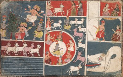 Krishna spielt die Flöte und andere Episoden aus dem Bhagavata Purana, um 1650 von Unbekannt
