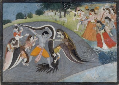 Krishna bezwingt Kaliya, den Schlangendämon: Folio aus einer Bhagavata Purana Serie, ca. 1785 von Unbekannt