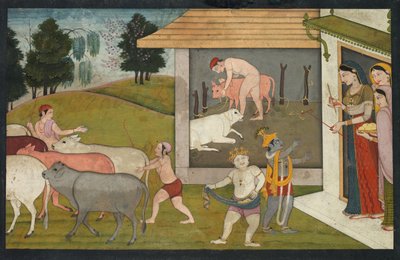 Krishna und Lakshmana treiben das Vieh zur Weide, Seite aus dem Bhagavata Purana, ca. 1780-1790 von Unbekannt
