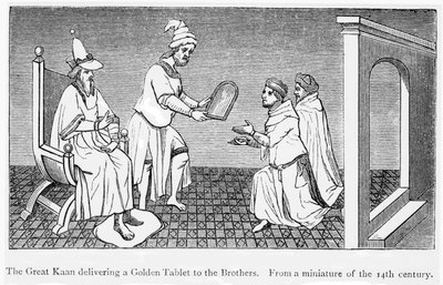 Kublai Khan überreicht Niccolo und Maffeo Polo eine goldene Tafel zur sicheren Durchreise (Gravur) von Unbekannt