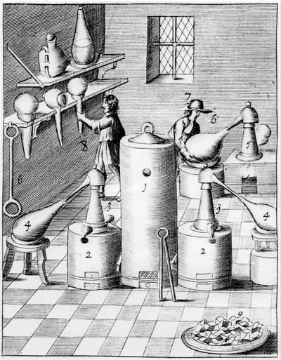 Labor zur Raffination von Gold und Silber, zeigt typische Laborausrüstung, 1683 von Unbekannt