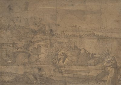 Landschaft mit dem heiligen Christophorus und einem männlichen Mönchsheiligen, 16. Jahrhundert von Unbekannt