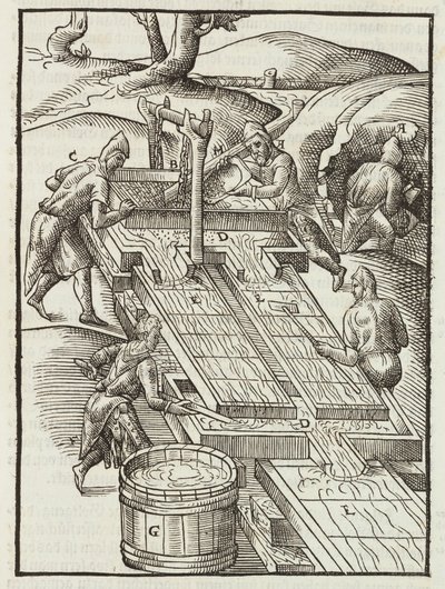 Waschen des Golderzes in mit Wasser gefüllten Holzschalen - Gravur aus Beschreibung der Erze und der wichtigsten Bergbaumethoden, von Lazarus Ecker von Unbekannt