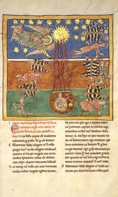 Blatt aus einem Beatus-Manuskript: Beim Klang der fünften Engelsposaune..., ca. 1180 von Unbekannt