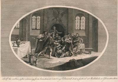Leofa der Räuber ersticht Edmund I. bei einem Fest in Pucklekirk, Gloucestershire 946, 1793 von Unbekannt