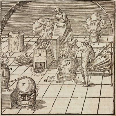 Die Ausrüstung zur Analyse von Kupfer - Gravur aus Beschreibung der Erze und der wichtigsten Methoden des Bergbaus, von Lazarus Ecker von Unbekannt