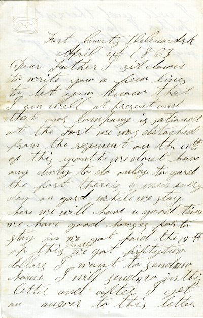 Brief unterzeichnet David T. Massey, Fort Curtis, Helena, Ark., an seinen Vater (Nathan Massey), 21. April 1863 von Unbekannt