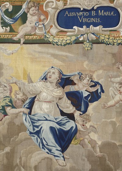 Leben der Jungfrau: „Die Himmelfahrt“ Detail Wandteppich aus Wolle und Seide hergestellt in der Werkstatt von Pierre Damour nach den Zeichnungen von Charles Poerson (1609-1667) von Unbekannt