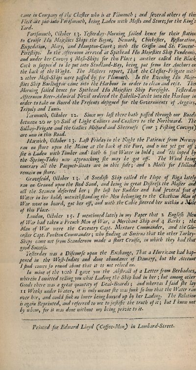 Lloyds Nachrichten. London, 15. Oktober 1696 - Nr. 20 von Unbekannt
