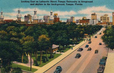 Blick nach Osten auf die Lafayette Street, Tampa University und Skyline, Tampa, Florida, um 1940er Jahre von Unbekannt