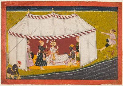 Madhava in einem Zelt vor einem Herrscher, aus einer Madhavanala Kamakandala Serie, um 1700 von Unbekannt