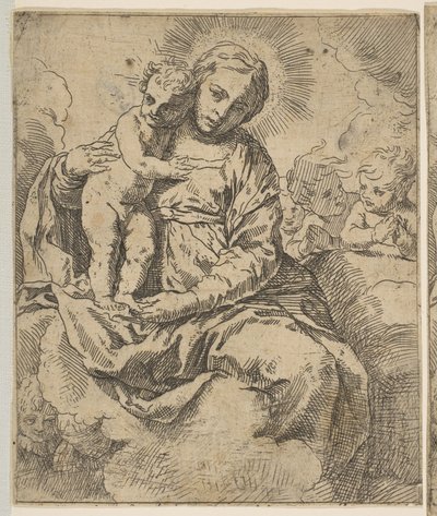Madonna und Kind auf Wolken sitzend und von Engeln umgeben, Kopie in umgekehrter Richtung, ca. 1639 oder später von Unbekannt