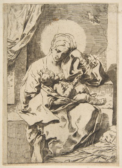 Madonna und Kind mit einem Vogel, Kopie in umgekehrter Richtung nach Cantarini, ca. 1635-1636 oder später von Unbekannt