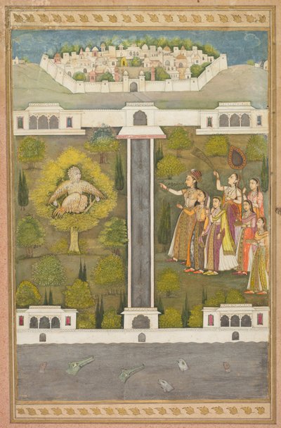 Mahliqa, Tochter des Kaisers von China, zeigt auf den Vogelmann Khwaja Mubarak...verso, um 171 von Unbekannt