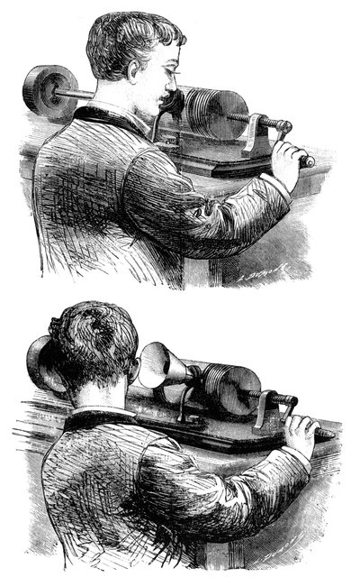 Eine Aufnahme machen und dem ersten Edison-Phonographen zuhören, 1878 von Unbekannt