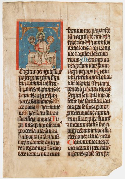 Manuskriptblatt mit der Heiligen Dreifaltigkeit in einem Initial T, aus einem Messbuch, ca. 1390 von Unbekannt