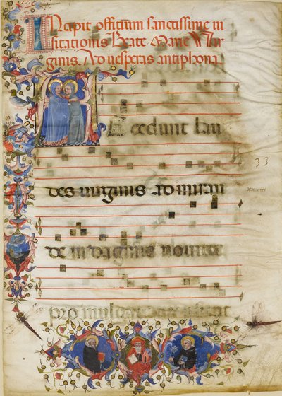 Manuskriptblatt mit der Heimsuchung in einem Initial A und Kardinal Adam Easton..., um 1400 von Unbekannt