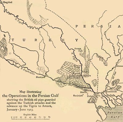 Karte zur Veranschaulichung der Operationen im Persischen Golf, Erster Weltkrieg, 1915, ca. 1920 von Unbekannt