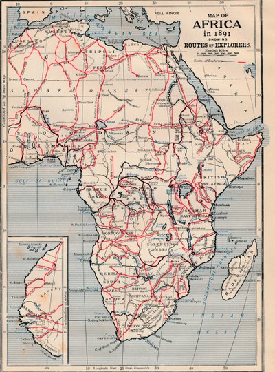 Karte von Afrika im Jahr 1891 mit den Routen der Entdecker von Unbekannt