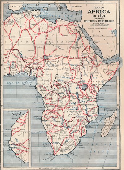 Karte von Afrika im Jahr 1891 mit den Routen der Entdecker, 1906 von Unbekannt