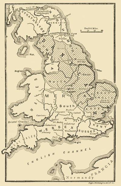Karte von England, zeigt angelsächsische Königreiche und dänische Bezirke, 9. Jahrhundert von Unbekannt