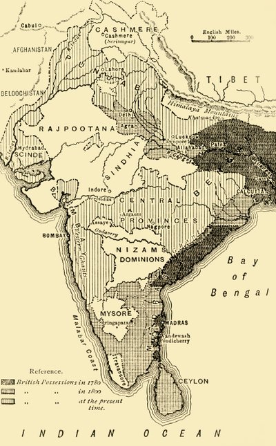 Karte von Indien, die britischen Besitzungen 1780, 1800 und heute zeigend von Unbekannt